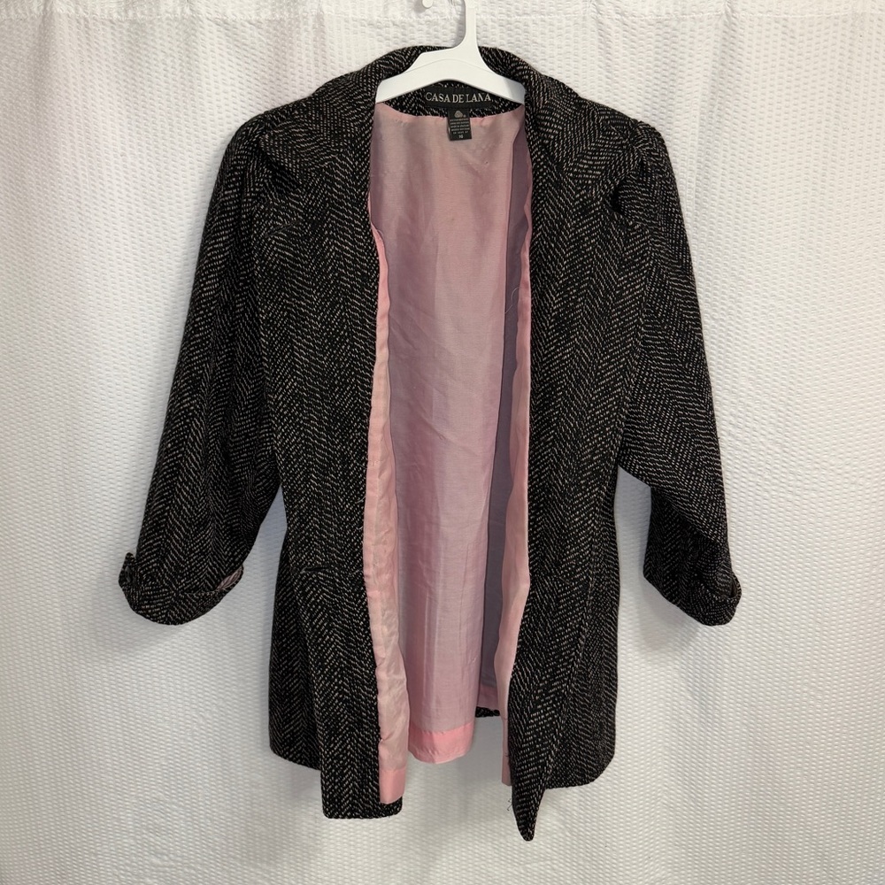 Vintage Casa De Lana Uruguay 100% Pure New Wool Herringbone Pink Lining Coat 16 - Picture 2 of 7